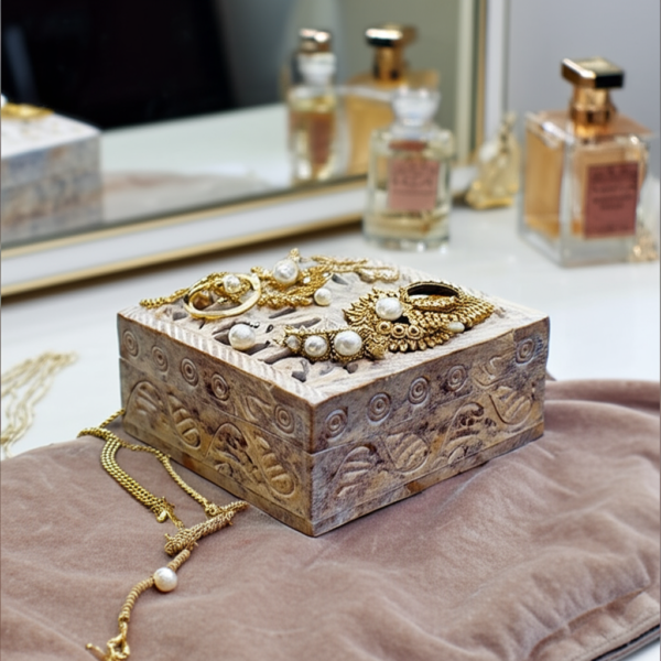 Soft Stone Hand-Carved Floral Jali Box (4 Inches) | Handcrafted Indian Art - Image 2