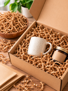 Shredded crinkle paper filler protecting products inside a packaging box