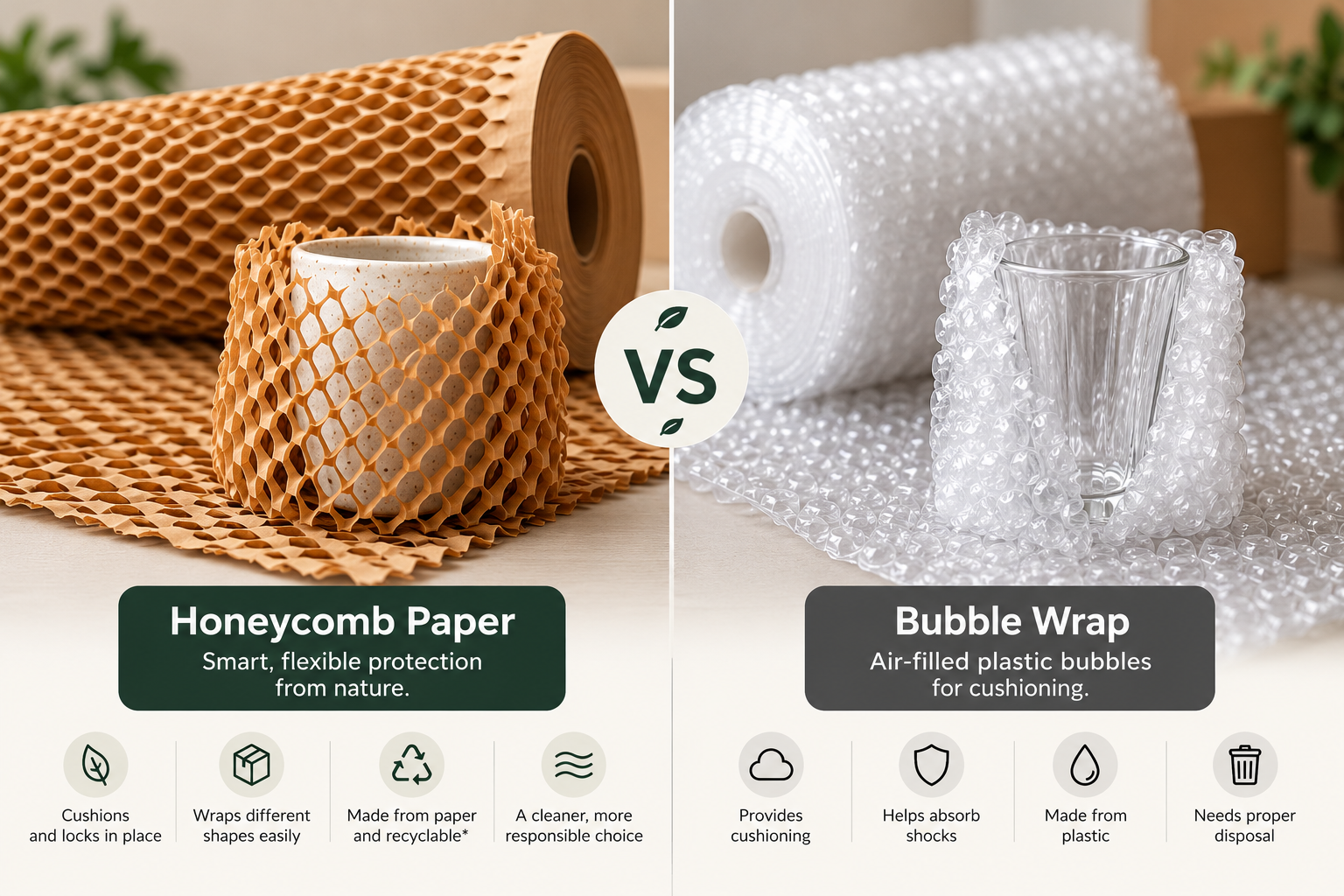Brown paper packaging material beside a cardboard box